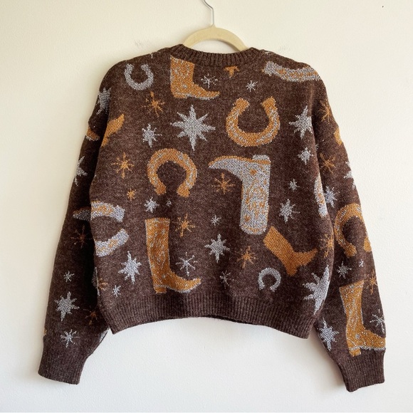 ZARA Western Cowboy Boot Nashville Horseshoe Sweater Brown Metallic Jacquard S - Picture 6 of 11